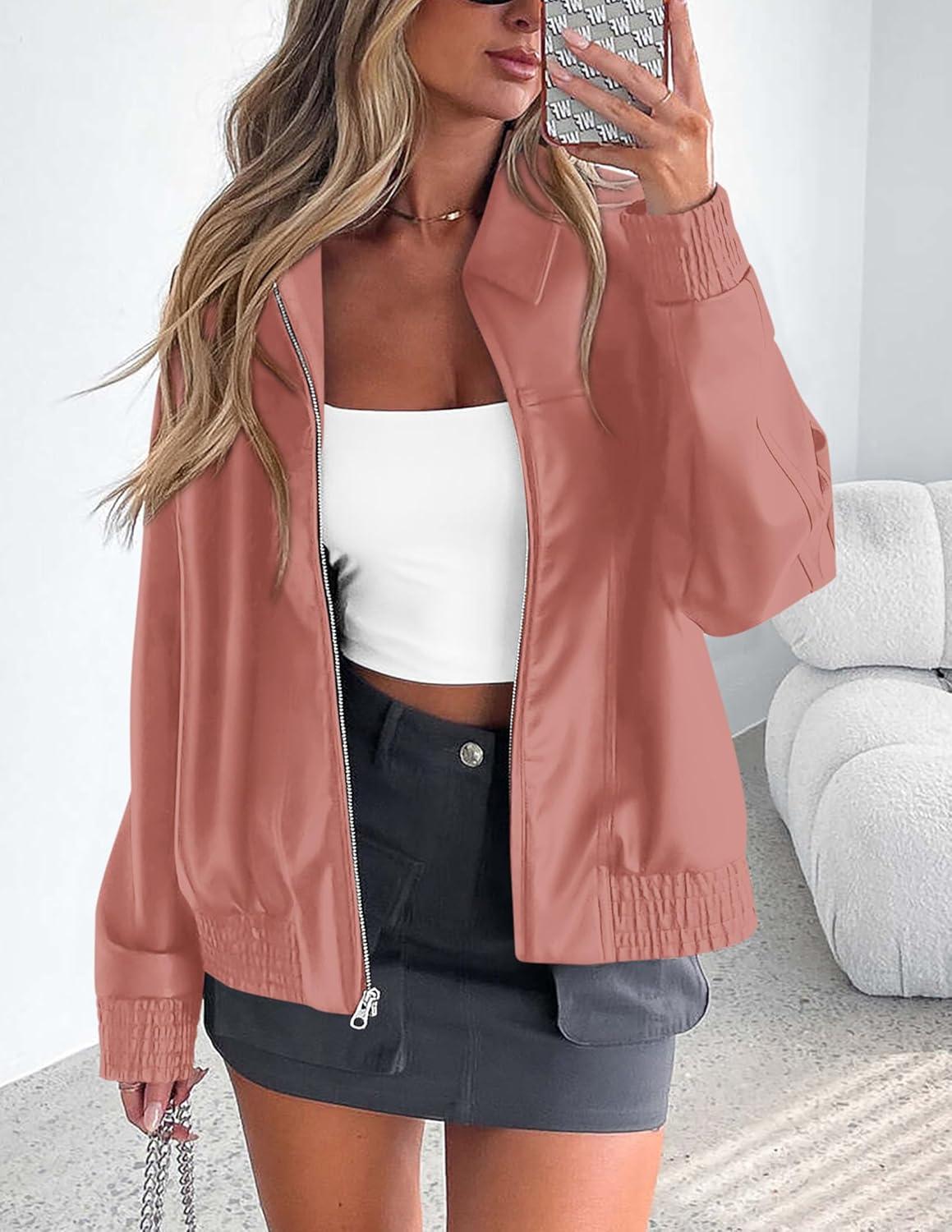 imagePRETTYGARDEN Womens Faux Leather Jackets 2025 Fall Long Sleeve Bomber Jacket Zip Up Motorcycle Coats Winter ClothesDark Pink