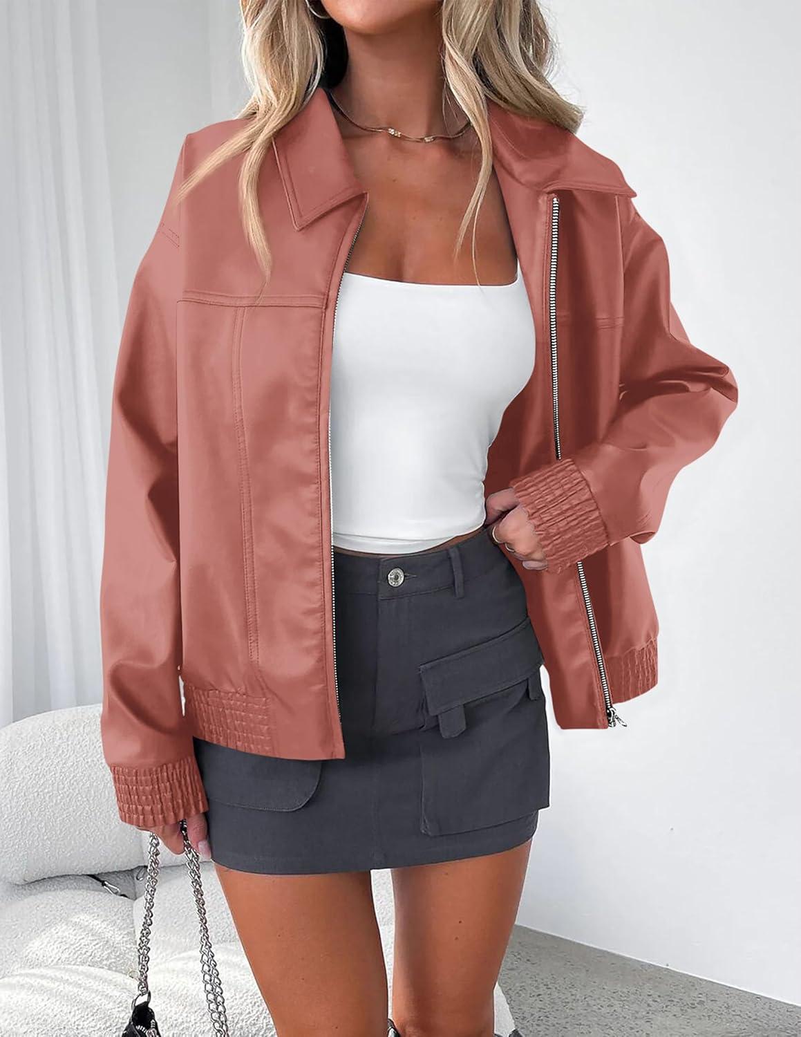 imagePRETTYGARDEN Womens Faux Leather Jackets 2025 Fall Long Sleeve Bomber Jacket Zip Up Motorcycle Coats Winter ClothesDark Pink