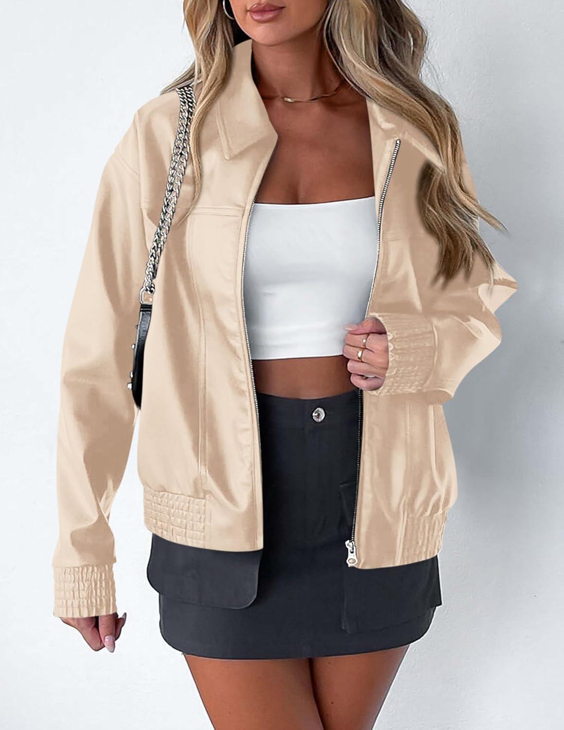 imagePRETTYGARDEN Womens Faux Leather Jackets 2025 Fall Long Sleeve Bomber Jacket Zip Up Motorcycle Coats Winter ClothesLight Khaki