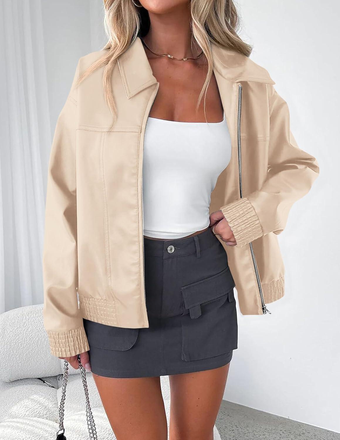 imagePRETTYGARDEN Womens Faux Leather Jackets 2025 Fall Long Sleeve Bomber Jacket Zip Up Motorcycle Coats Winter ClothesLight Khaki