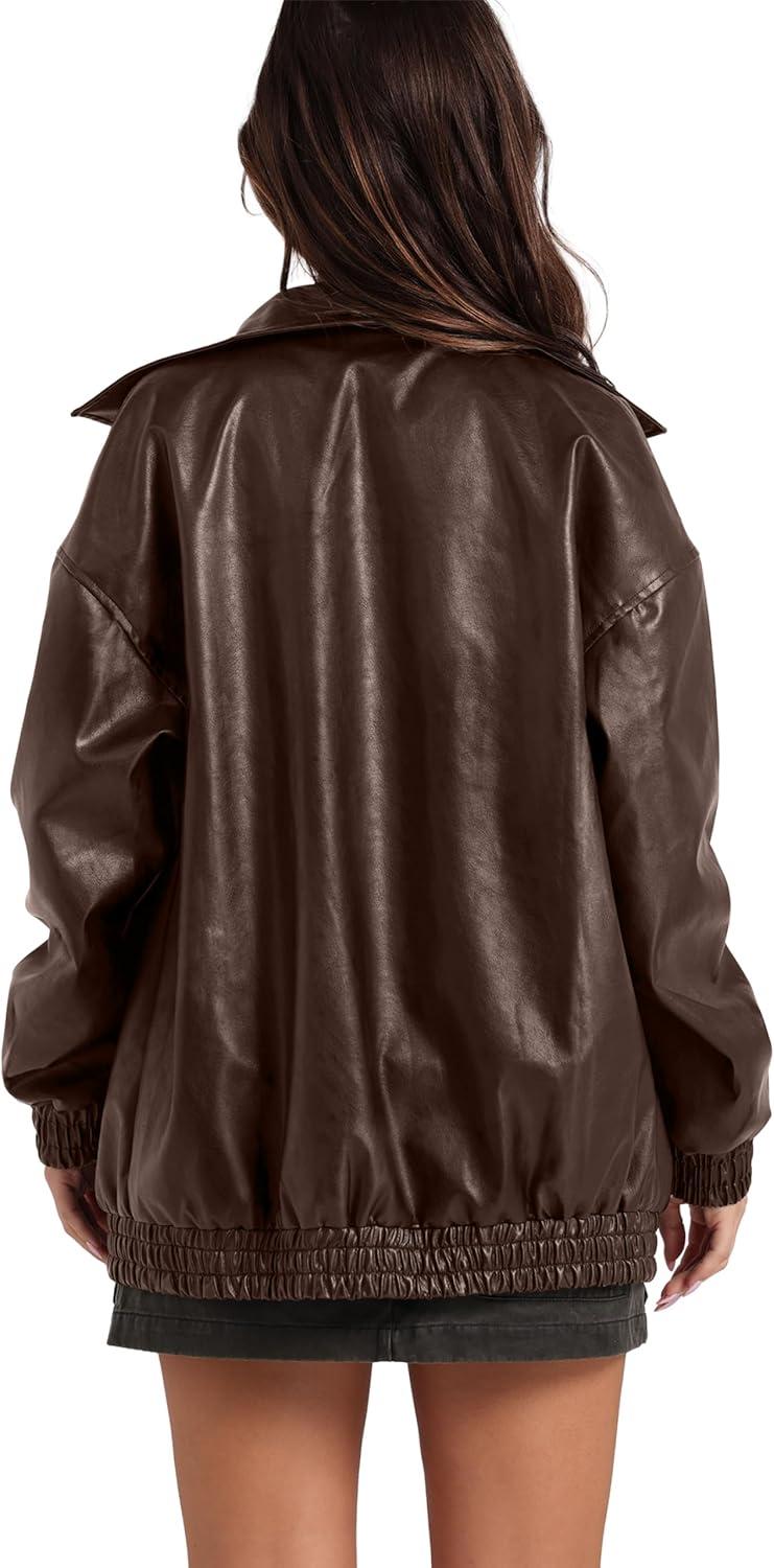 imageSampeel Leather Jacket Women Faux Oversized Motorcycle Bomber Coats 2025 Fall Fashion Outfits Winter ClothesAbrown