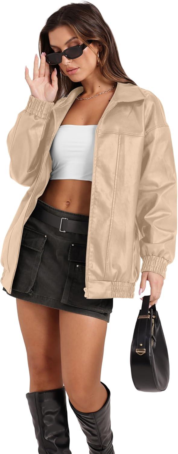 imageSampeel Leather Jacket Women Faux Oversized Motorcycle Bomber Coats 2025 Fall Fashion Outfits Winter ClothesApricot