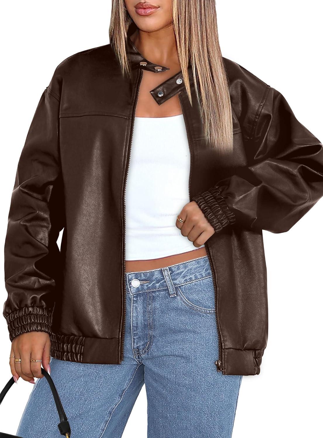 imageSampeel Leather Jacket Women Faux Oversized Motorcycle Bomber Coats 2025 Fall Fashion Outfits Winter ClothesBbrown