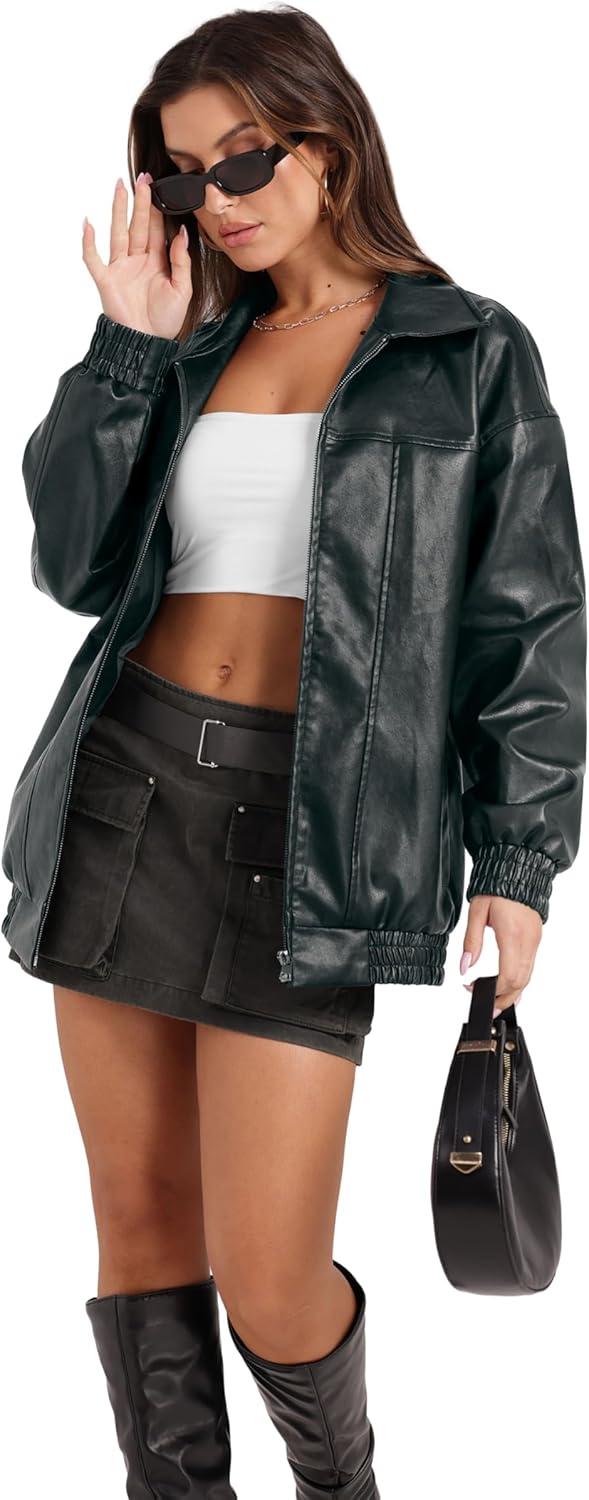 imageSampeel Leather Jacket Women Faux Oversized Motorcycle Bomber Coats 2025 Fall Fashion Outfits Winter ClothesBlue