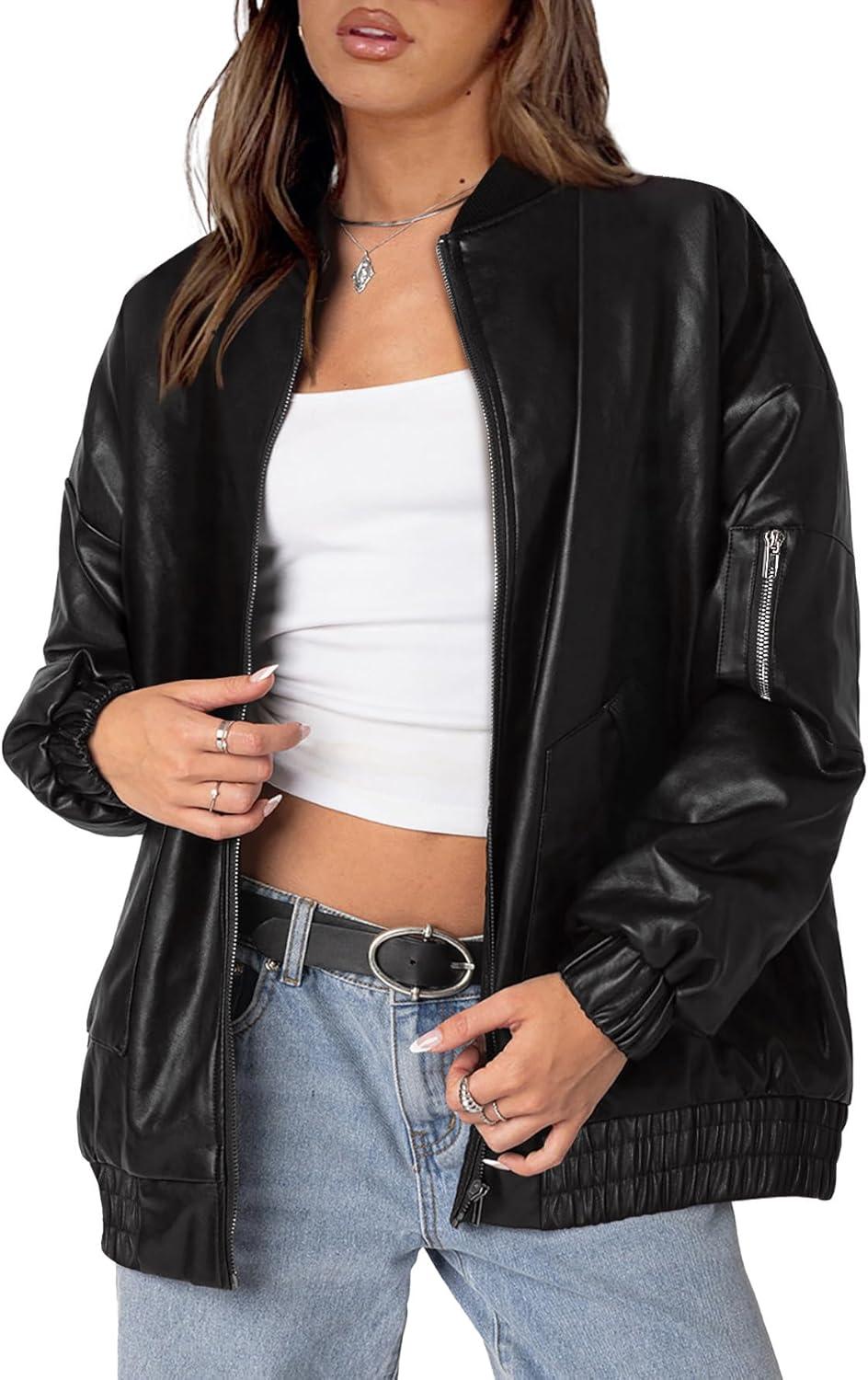 imageSampeel Leather Jacket Women Faux Oversized Motorcycle Bomber Coats 2025 Fall Fashion Outfits Winter ClothesCblack