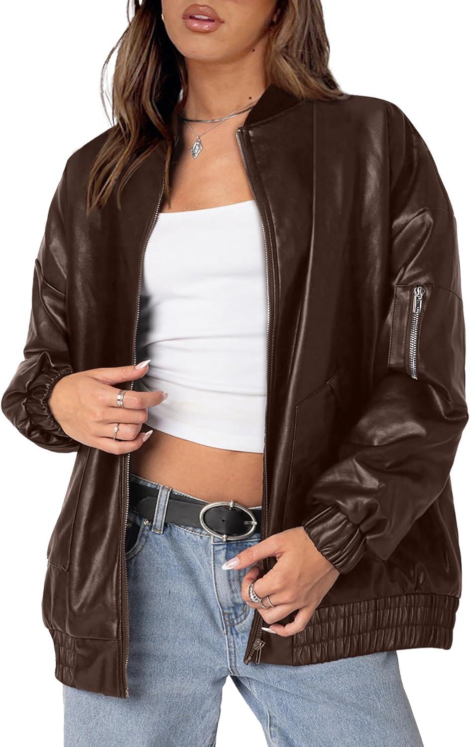 imageSampeel Leather Jacket Women Faux Oversized Motorcycle Bomber Coats 2025 Fall Fashion Outfits Winter ClothesCbrown