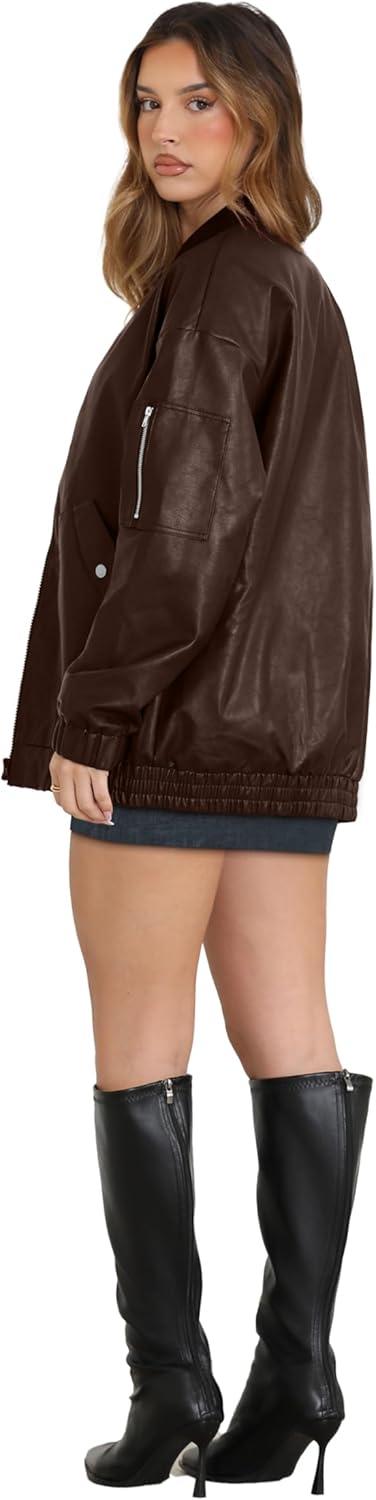 imageSampeel Leather Jacket Women Faux Oversized Motorcycle Bomber Coats 2025 Fall Fashion Outfits Winter ClothesCbrown