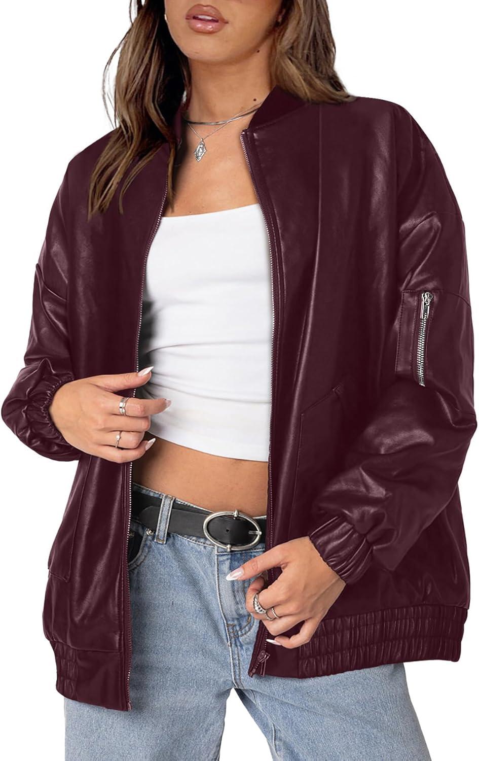 imageSampeel Leather Jacket Women Faux Oversized Motorcycle Bomber Coats 2025 Fall Fashion Outfits Winter ClothesCburgundy