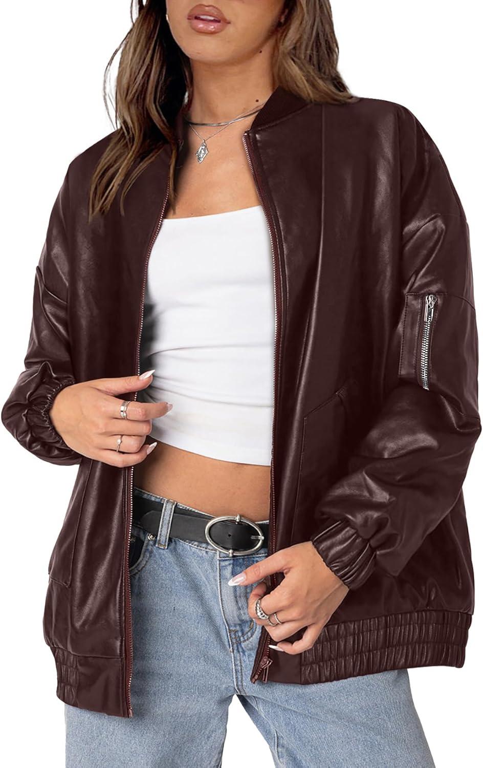 imageSampeel Leather Jacket Women Faux Oversized Motorcycle Bomber Coats 2025 Fall Fashion Outfits Winter ClothesCdark Coffee
