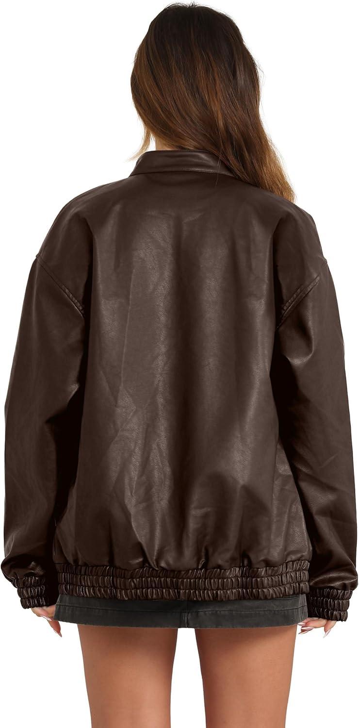 imageSampeel Leather Jacket Women Faux Oversized Motorcycle Bomber Coats 2025 Fall Fashion Outfits Winter ClothesDark Brown