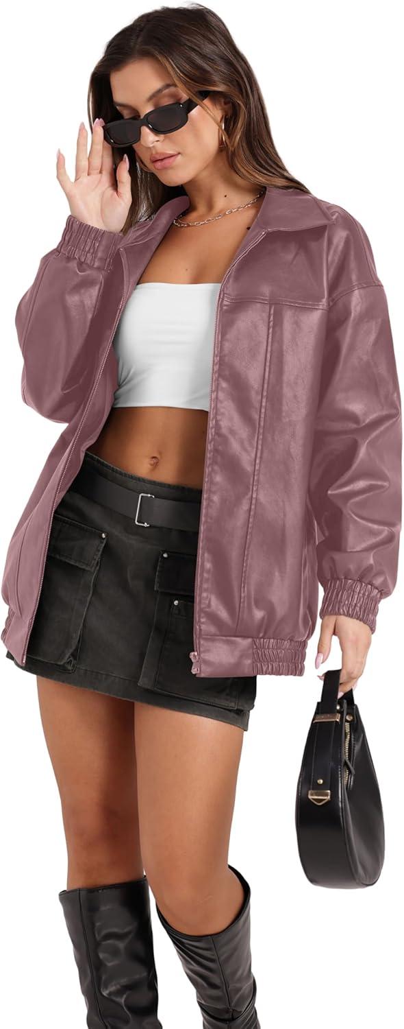 imageSampeel Leather Jacket Women Faux Oversized Motorcycle Bomber Coats 2025 Fall Fashion Outfits Winter ClothesPink