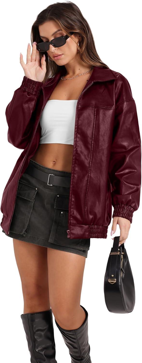 imageSampeel Leather Jacket Women Faux Oversized Motorcycle Bomber Coats 2025 Fall Fashion Outfits Winter ClothesRed