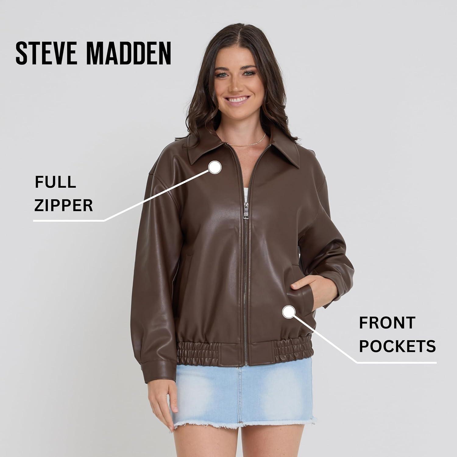 imageSteve Madden Leather Jacket Women Faux Leather Oversized Bomber Jacket Women Plus Size Motorcycle JacketsEspresso