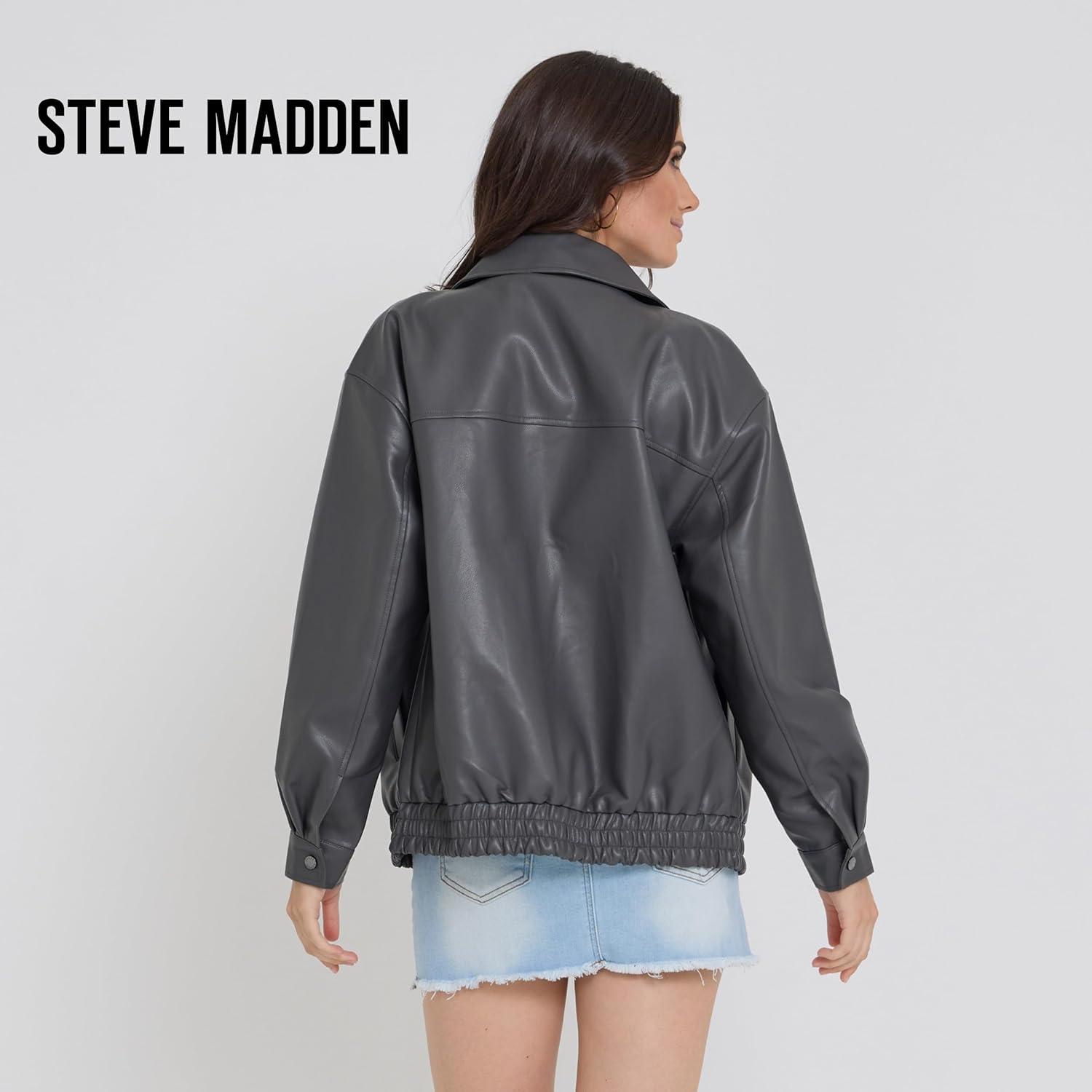 imageSteve Madden Leather Jacket Women Faux Leather Oversized Bomber Jacket Women Plus Size Motorcycle JacketsGrey