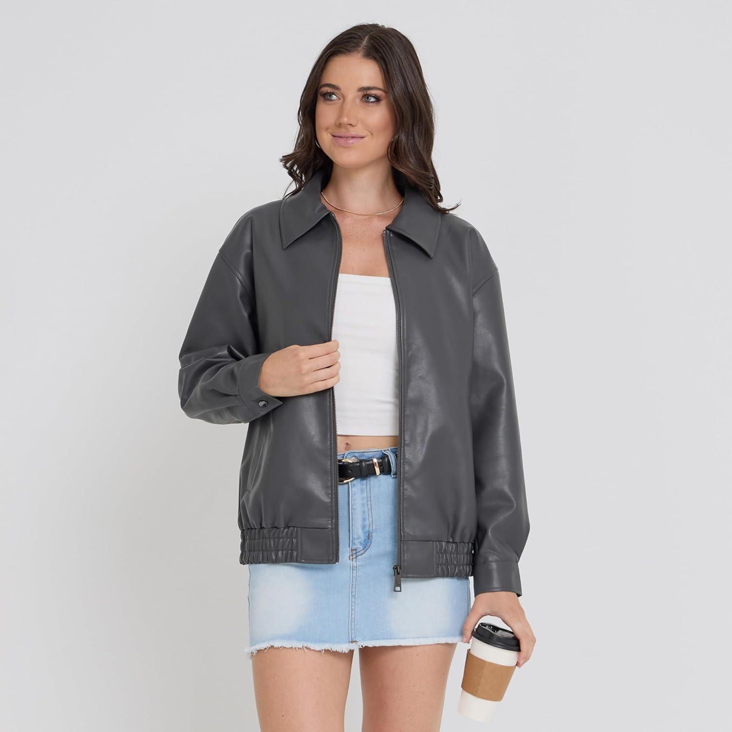 imageSteve Madden Leather Jacket Women Faux Leather Oversized Bomber Jacket Women Plus Size Motorcycle JacketsGrey