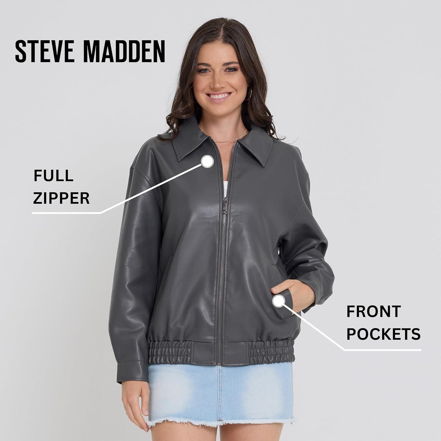 imageSteve Madden Leather Jacket Women Faux Leather Oversized Bomber Jacket Women Plus Size Motorcycle JacketsGrey