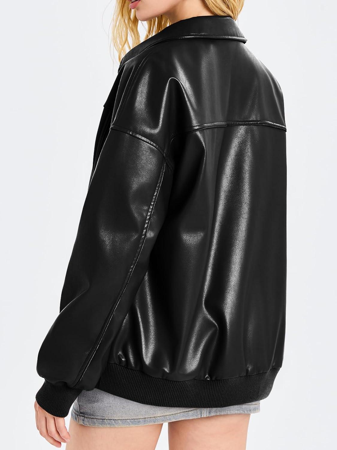imageTankaneo Womens Faux Leather Jackets Oversized Bomber Casual Fall Fashion Zip Up Moto Biker CoatsBlack