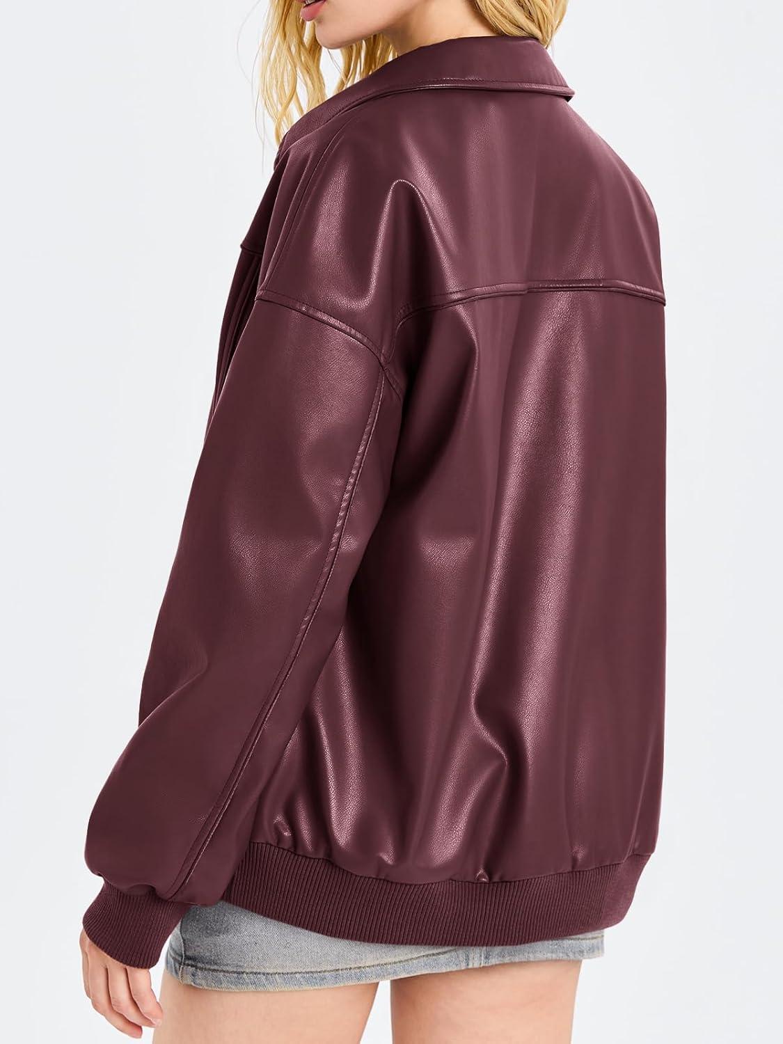imageTankaneo Womens Faux Leather Jackets Oversized Bomber Casual Fall Fashion Zip Up Moto Biker CoatsBurgundy