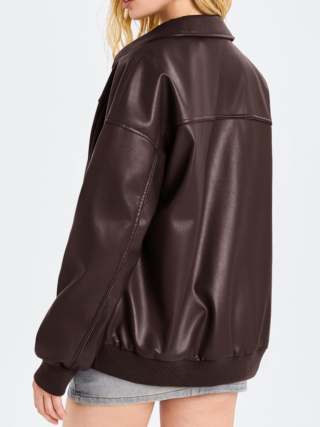 imageTankaneo Womens Faux Leather Jackets Oversized Bomber Casual Fall Fashion Zip Up Moto Biker CoatsChocolate