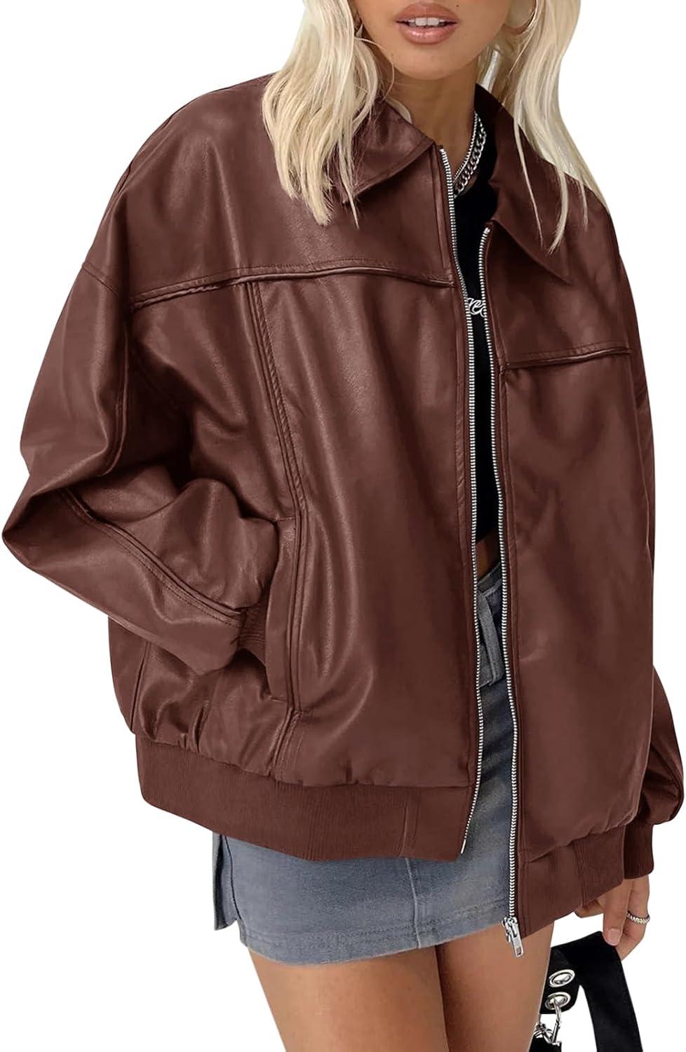imageTankaneo Womens Faux Leather Jackets Oversized Bomber Casual Fall Fashion Zip Up Moto Biker CoatsCoffee