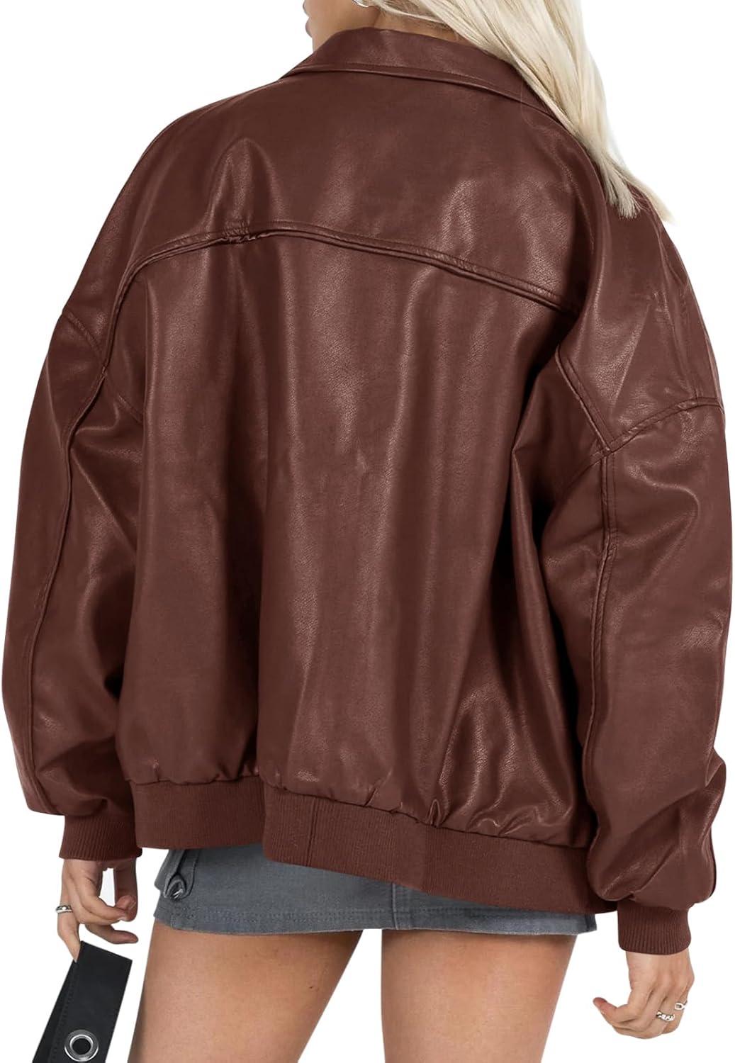 imageTankaneo Womens Faux Leather Jackets Oversized Bomber Casual Fall Fashion Zip Up Moto Biker CoatsCoffee