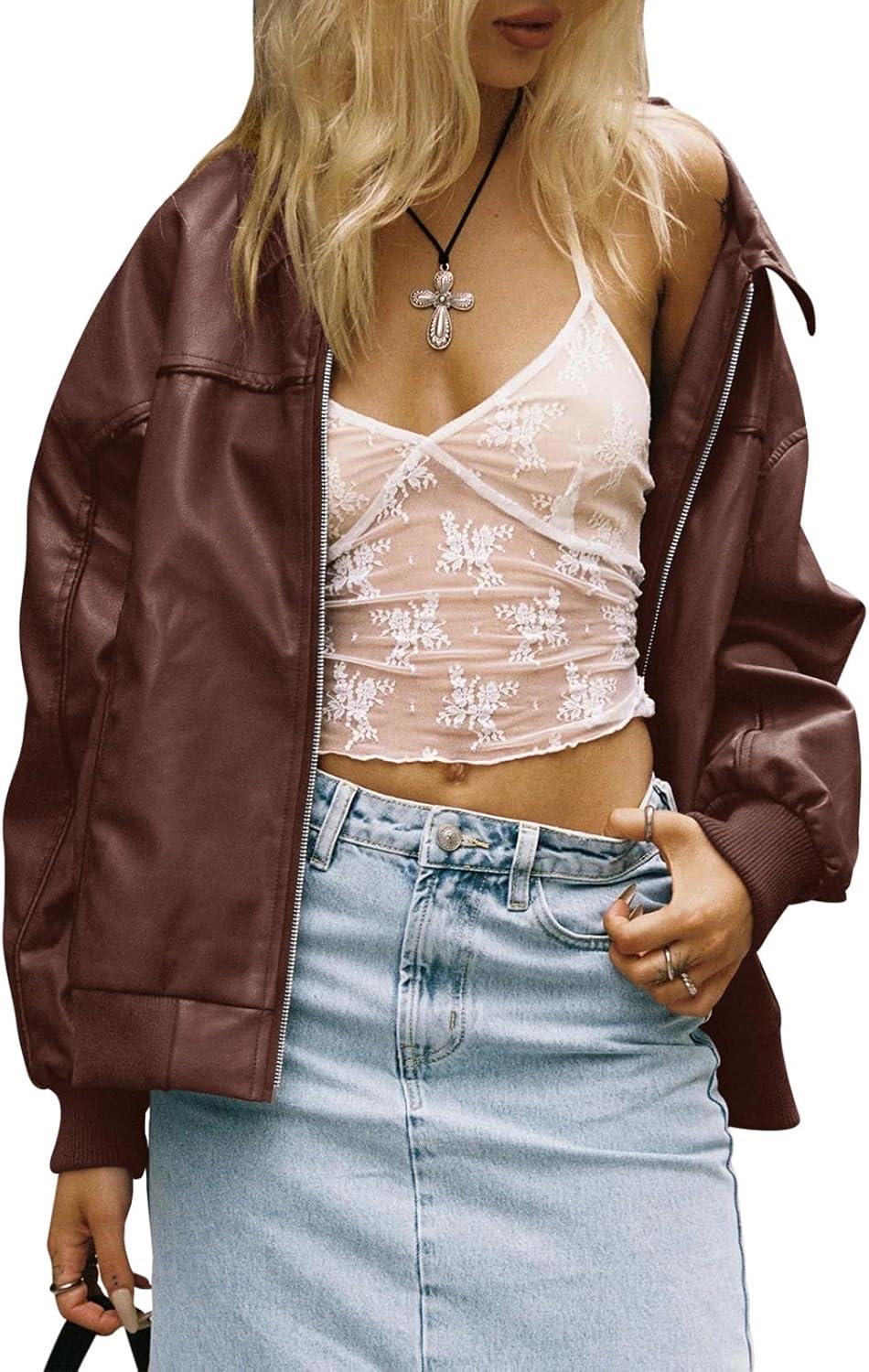 imageTankaneo Womens Faux Leather Jackets Oversized Bomber Casual Fall Fashion Zip Up Moto Biker CoatsCoffee