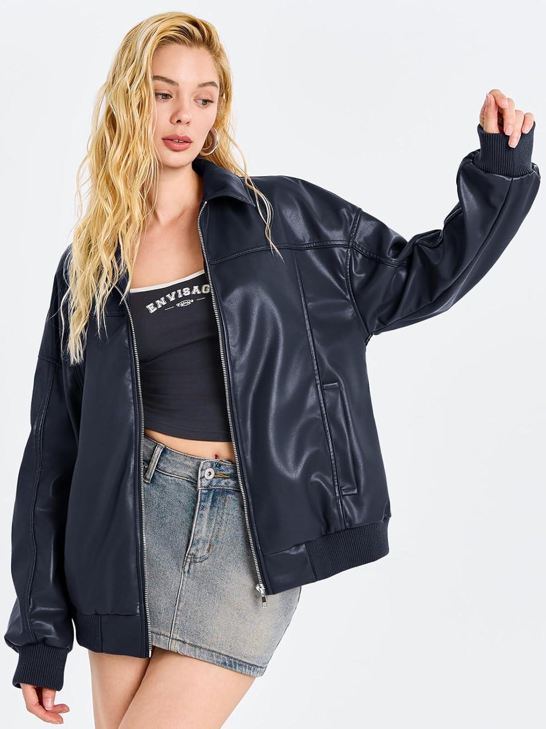 imageTankaneo Womens Faux Leather Jackets Oversized Bomber Casual Fall Fashion Zip Up Moto Biker CoatsDark Blue