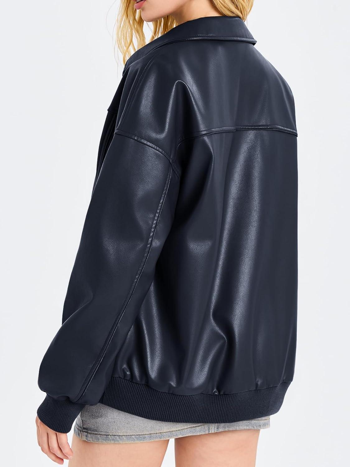 imageTankaneo Womens Faux Leather Jackets Oversized Bomber Casual Fall Fashion Zip Up Moto Biker CoatsDark Blue