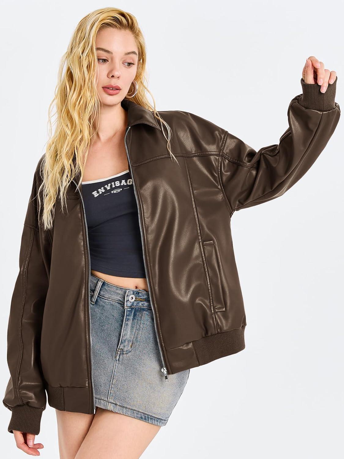 imageTankaneo Womens Faux Leather Jackets Oversized Bomber Casual Fall Fashion Zip Up Moto Biker CoatsDark Brown