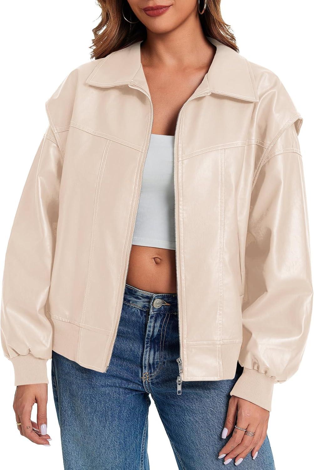 imageTankaneo Womens Oversized Leather Bomber Jackets Cap Sleeve Zip Up Motorcycle Coats with PocketsApricot