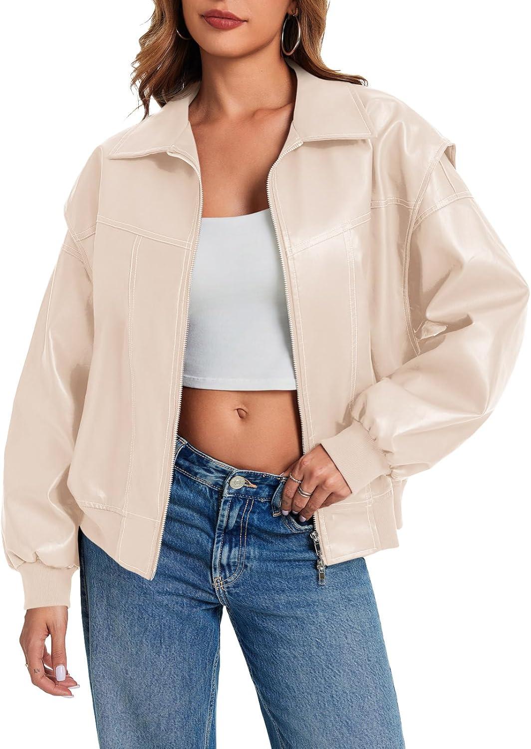 imageTankaneo Womens Oversized Leather Bomber Jackets Cap Sleeve Zip Up Motorcycle Coats with PocketsApricot