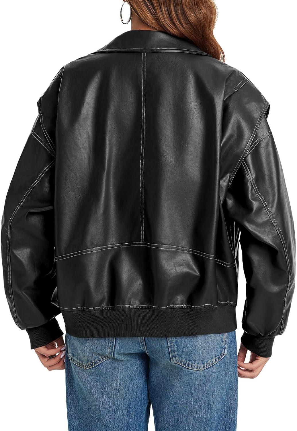 imageTankaneo Womens Oversized Leather Bomber Jackets Cap Sleeve Zip Up Motorcycle Coats with PocketsBlack