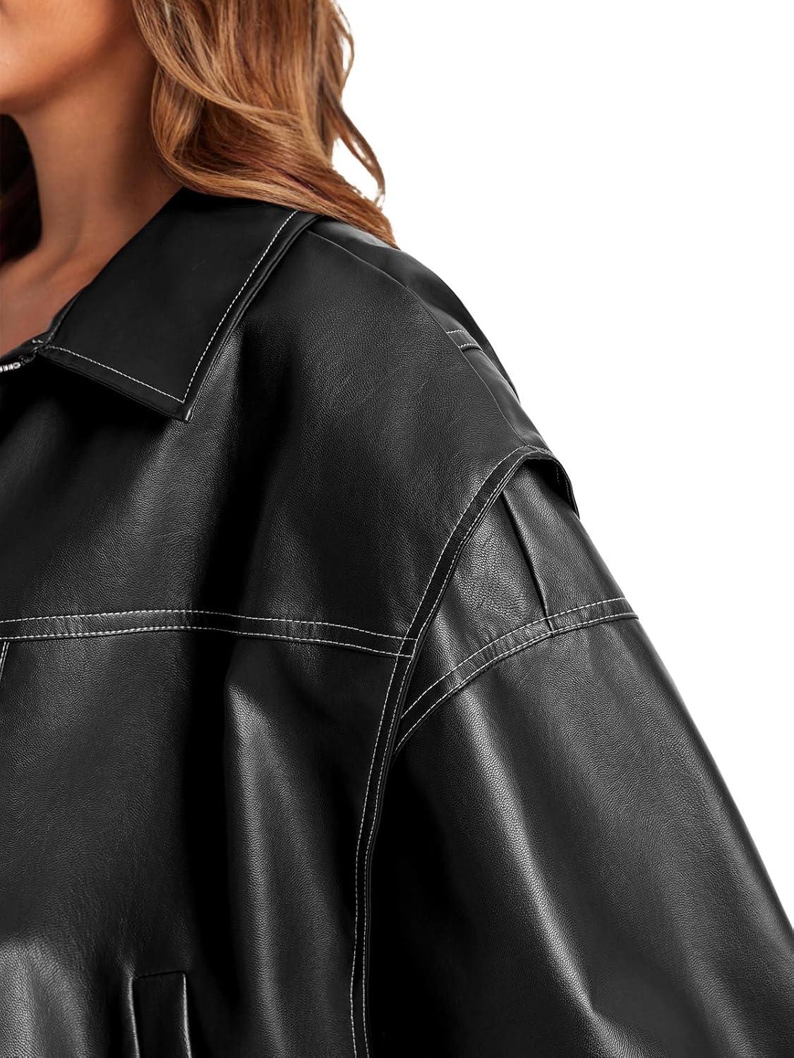 imageTankaneo Womens Oversized Leather Bomber Jackets Cap Sleeve Zip Up Motorcycle Coats with PocketsBlack