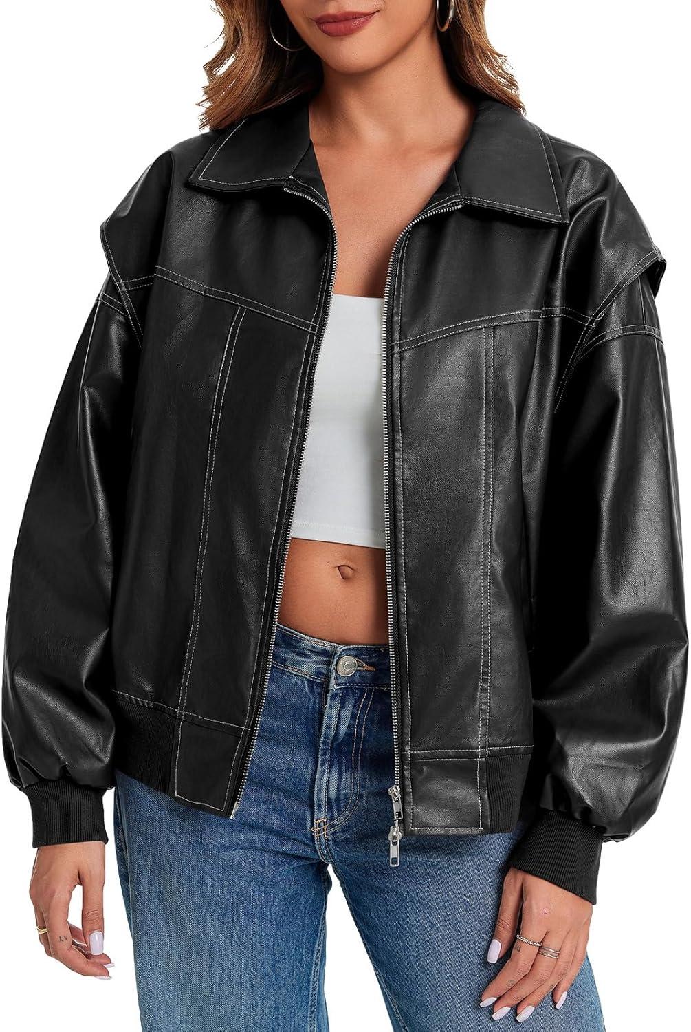 imageTankaneo Womens Oversized Leather Bomber Jackets Cap Sleeve Zip Up Motorcycle Coats with PocketsBlack