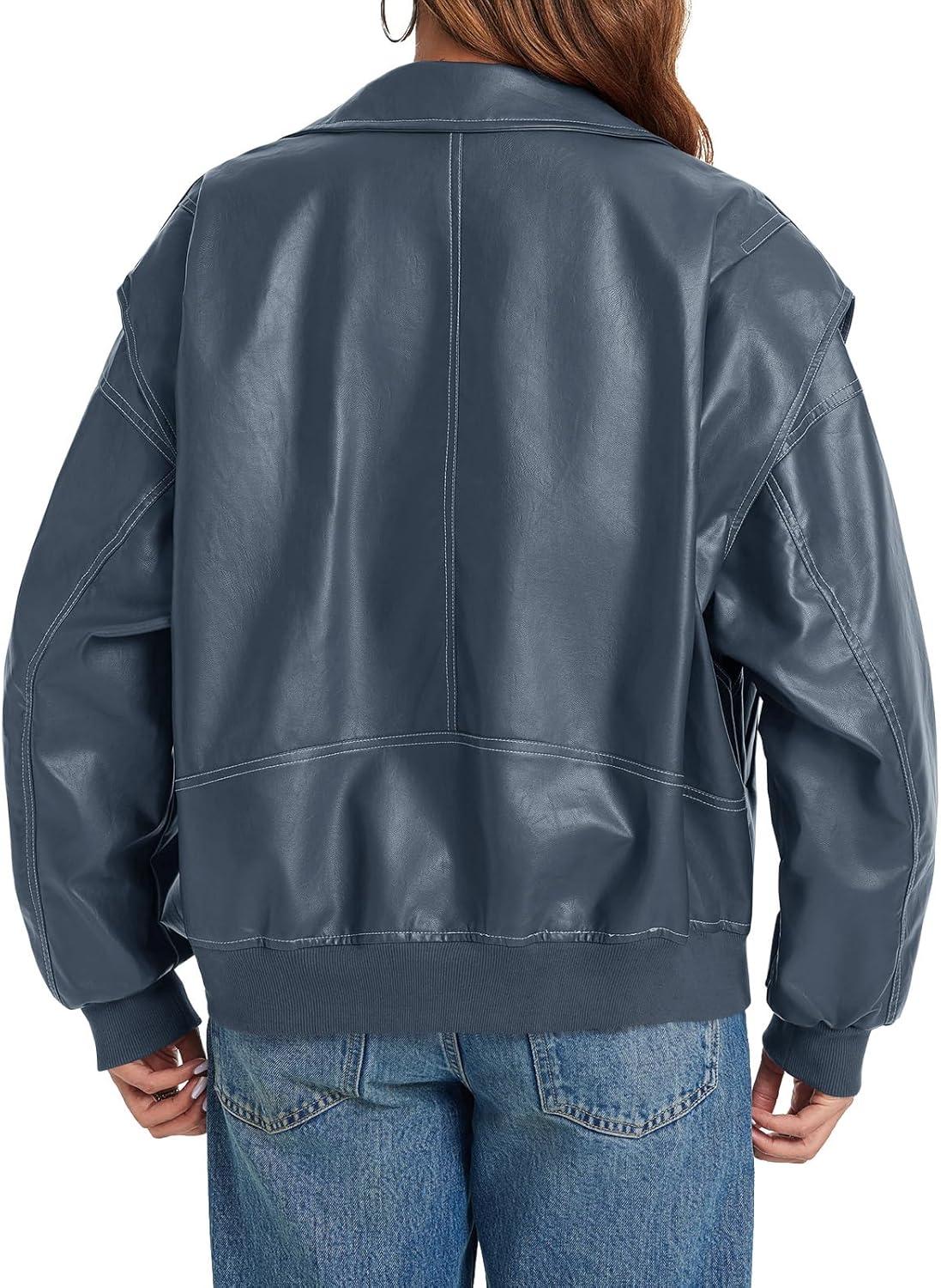 imageTankaneo Womens Oversized Leather Bomber Jackets Cap Sleeve Zip Up Motorcycle Coats with PocketsBlue Grey