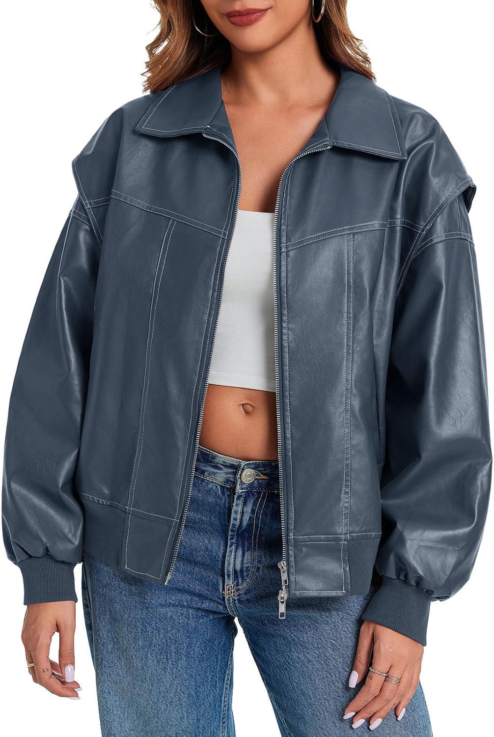 imageTankaneo Womens Oversized Leather Bomber Jackets Cap Sleeve Zip Up Motorcycle Coats with PocketsBlue Grey
