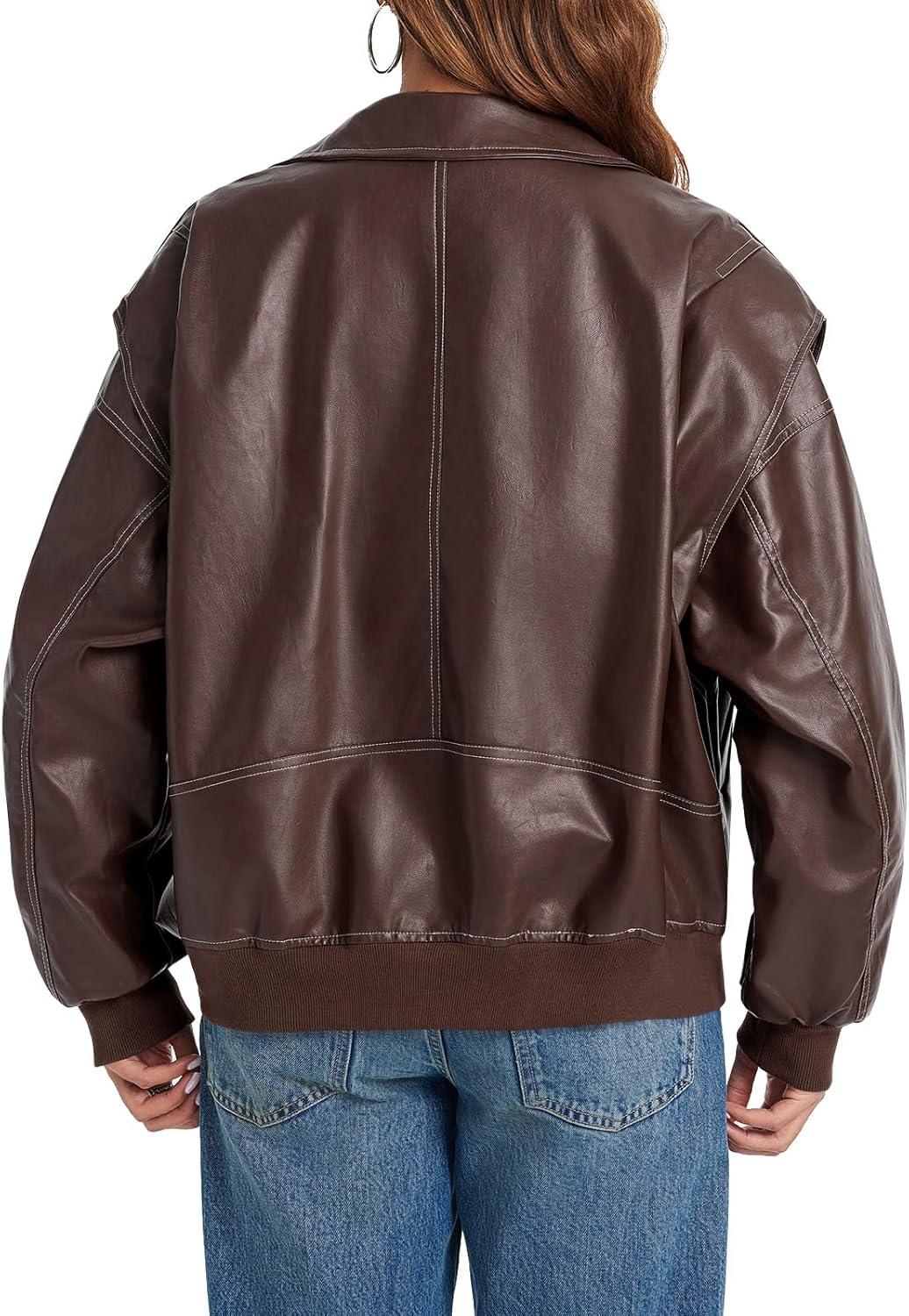 imageTankaneo Womens Oversized Leather Bomber Jackets Cap Sleeve Zip Up Motorcycle Coats with PocketsBrown