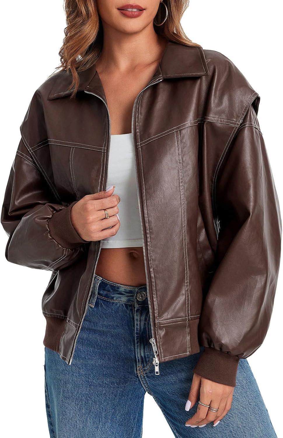 imageTankaneo Womens Oversized Leather Bomber Jackets Cap Sleeve Zip Up Motorcycle Coats with PocketsBrown
