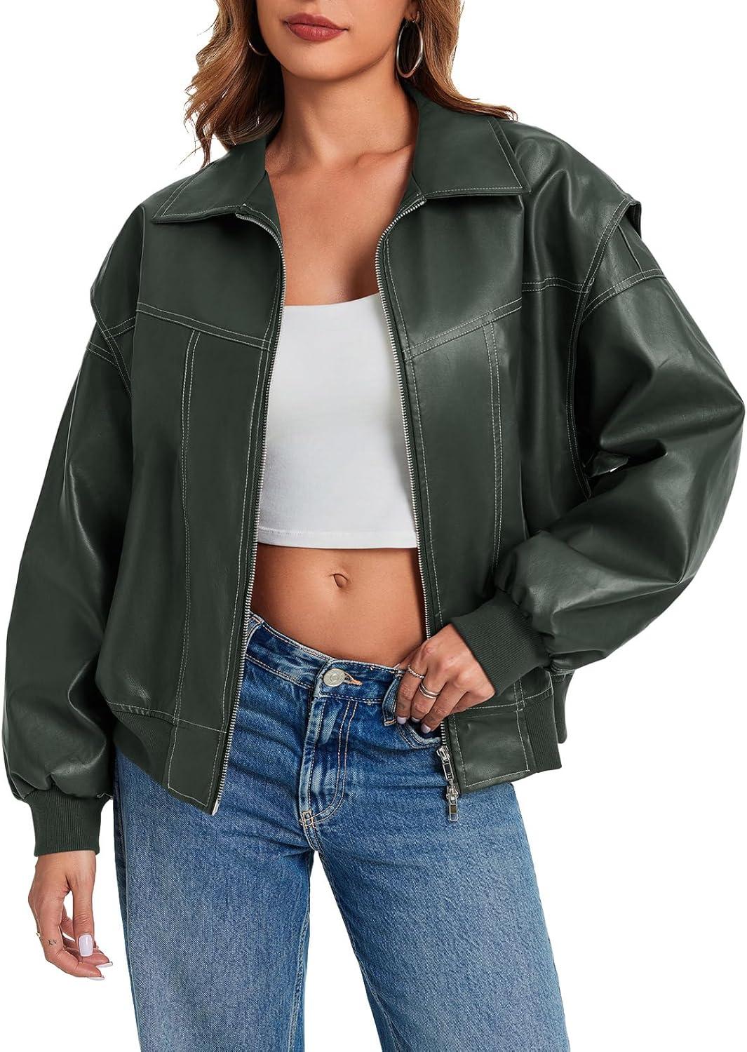 imageTankaneo Womens Oversized Leather Bomber Jackets Cap Sleeve Zip Up Motorcycle Coats with PocketsDark Green