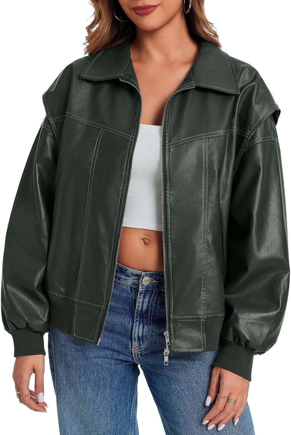 imageTankaneo Womens Oversized Leather Bomber Jackets Cap Sleeve Zip Up Motorcycle Coats with PocketsDark Green