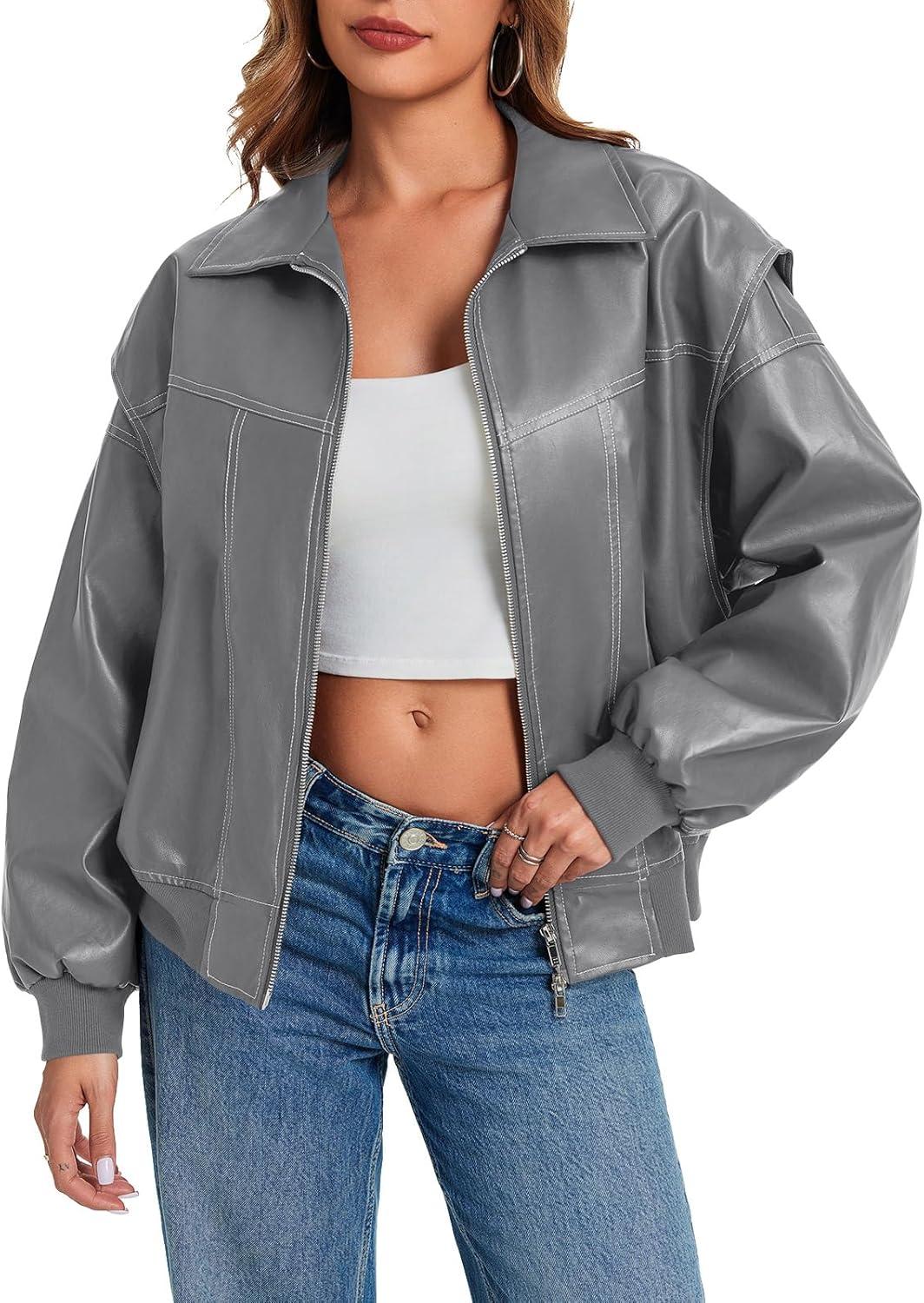 imageTankaneo Womens Oversized Leather Bomber Jackets Cap Sleeve Zip Up Motorcycle Coats with PocketsGrey