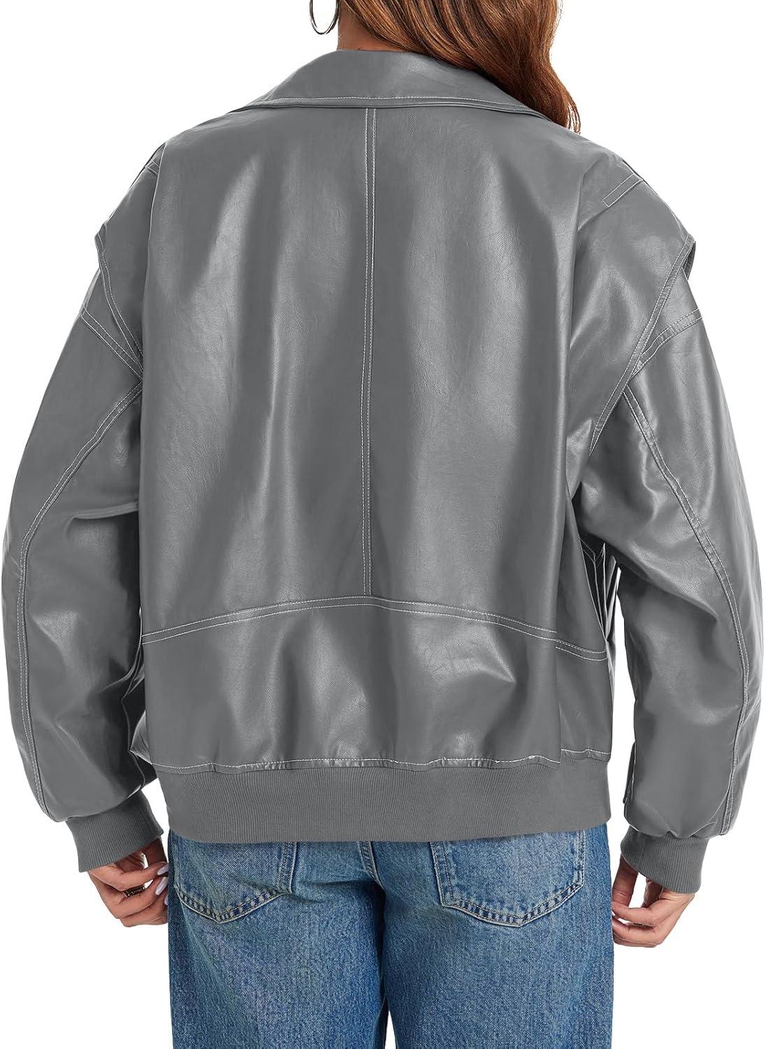 imageTankaneo Womens Oversized Leather Bomber Jackets Cap Sleeve Zip Up Motorcycle Coats with PocketsGrey