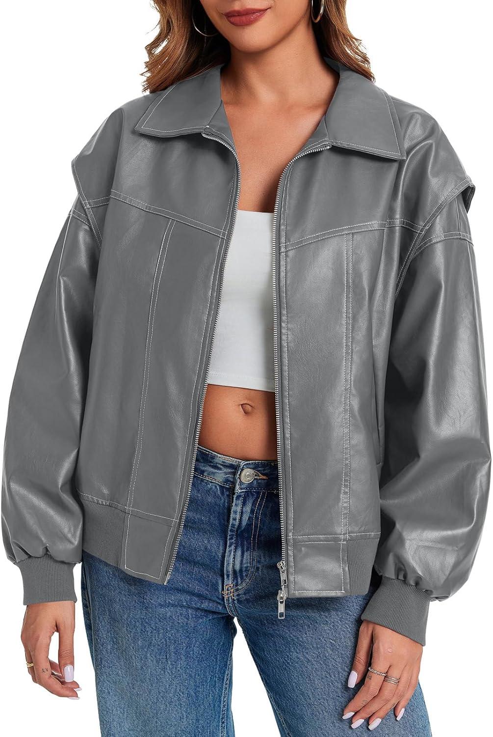 imageTankaneo Womens Oversized Leather Bomber Jackets Cap Sleeve Zip Up Motorcycle Coats with PocketsGrey