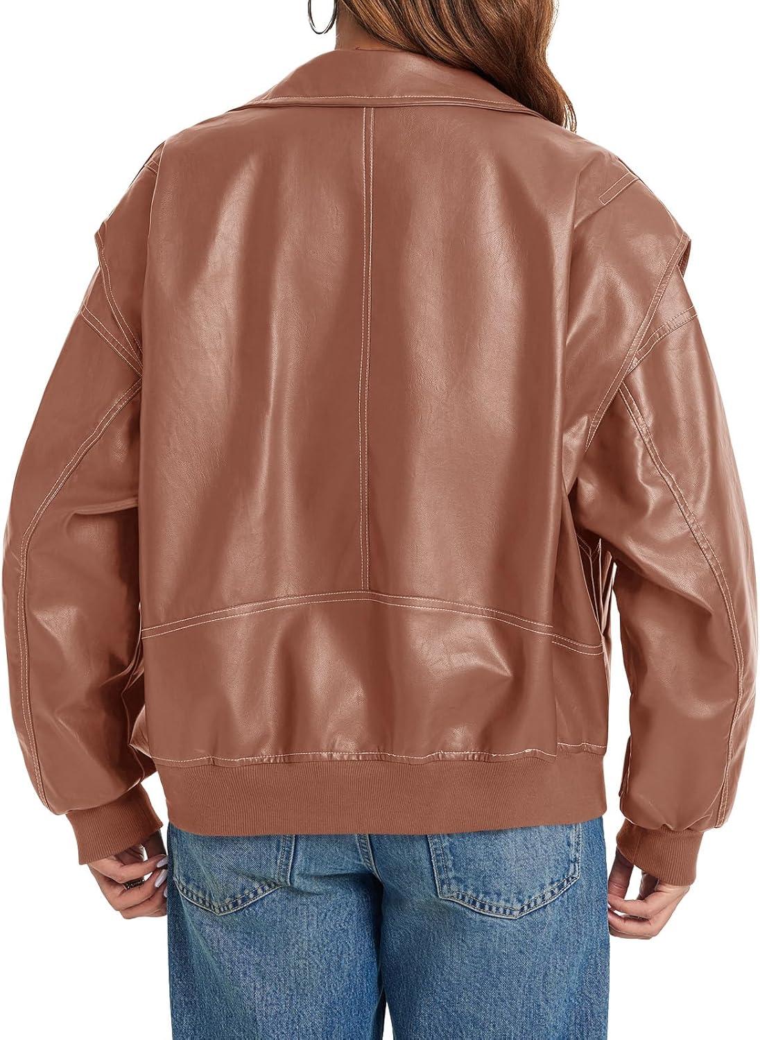 imageTankaneo Womens Oversized Leather Bomber Jackets Cap Sleeve Zip Up Motorcycle Coats with PocketsLight Brown
