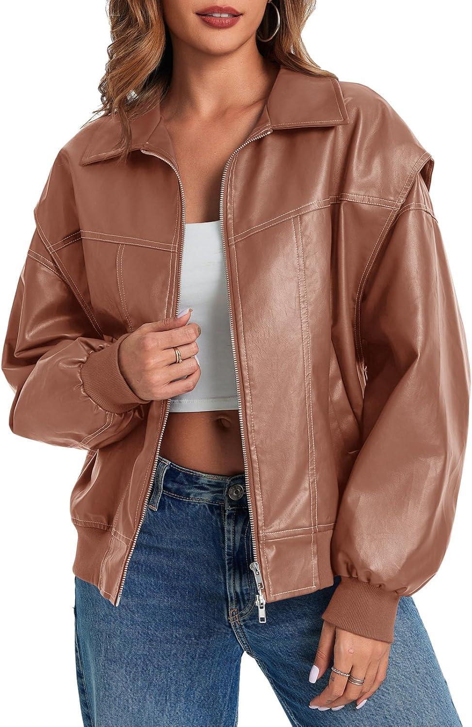 imageTankaneo Womens Oversized Leather Bomber Jackets Cap Sleeve Zip Up Motorcycle Coats with PocketsLight Brown