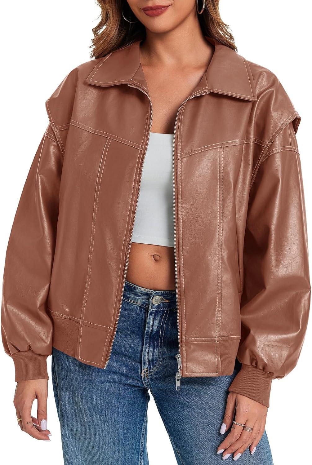 imageTankaneo Womens Oversized Leather Bomber Jackets Cap Sleeve Zip Up Motorcycle Coats with PocketsLight Brown