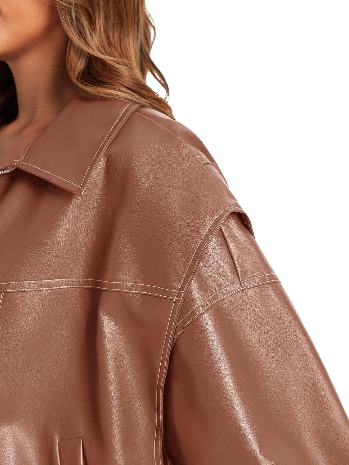 imageTankaneo Womens Oversized Leather Bomber Jackets Cap Sleeve Zip Up Motorcycle Coats with PocketsLight Brown