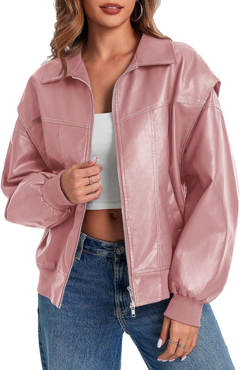 imageTankaneo Womens Oversized Leather Bomber Jackets Cap Sleeve Zip Up Motorcycle Coats with PocketsPink