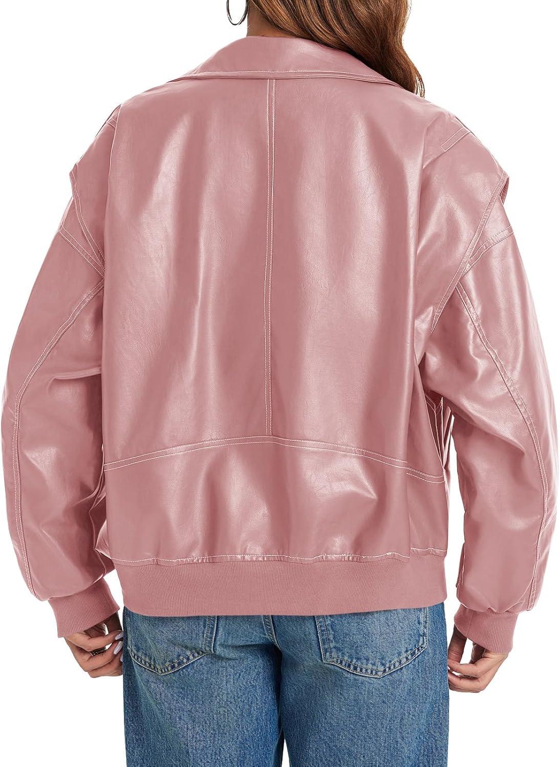 imageTankaneo Womens Oversized Leather Bomber Jackets Cap Sleeve Zip Up Motorcycle Coats with PocketsPink