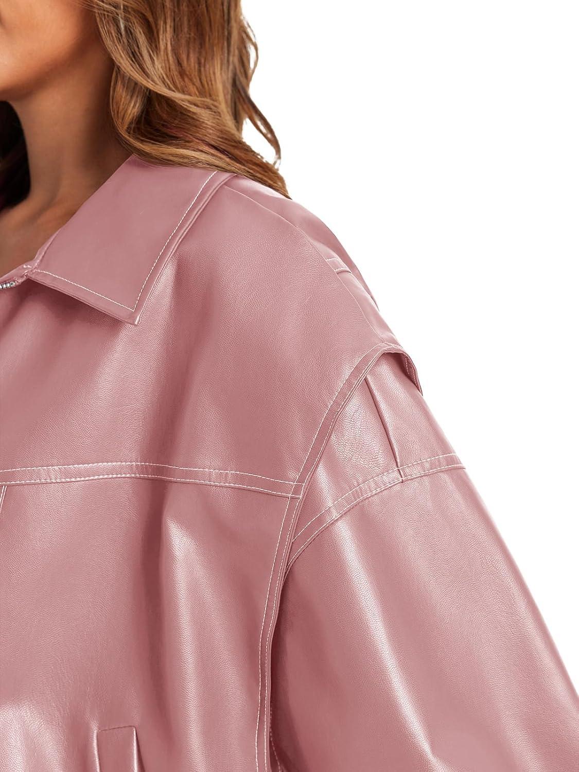 imageTankaneo Womens Oversized Leather Bomber Jackets Cap Sleeve Zip Up Motorcycle Coats with PocketsPink